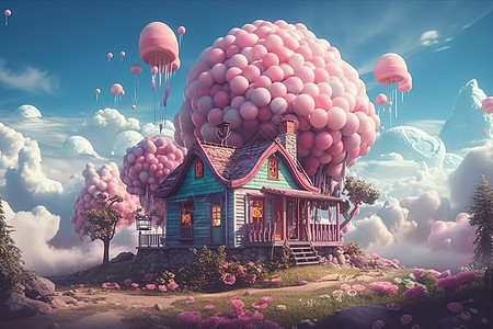 粉色气球下的小木屋图片