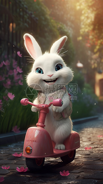 骑粉色小摩托的兔子图片
