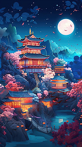楼阁樱花夜景图片