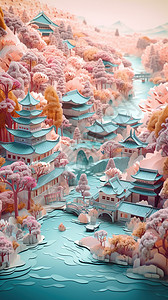 中式剪纸风景图图片