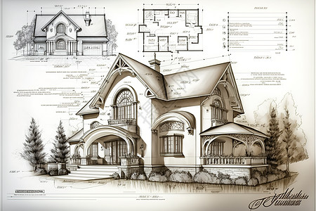 CAD线条房屋手绘插画