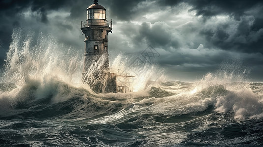 大风浪大海中的灯塔图片