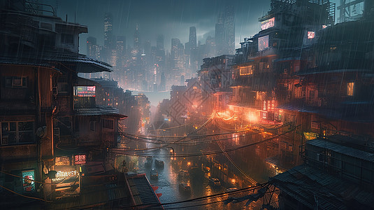雨夜下的城市街道背景图片