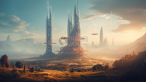 夕阳下的科幻城市图片
