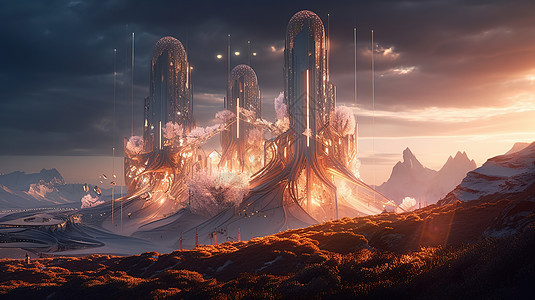 夕阳下的未来科幻之城图片