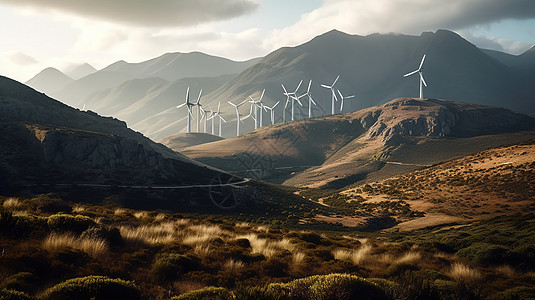 山里的风力涡轮机背景图片