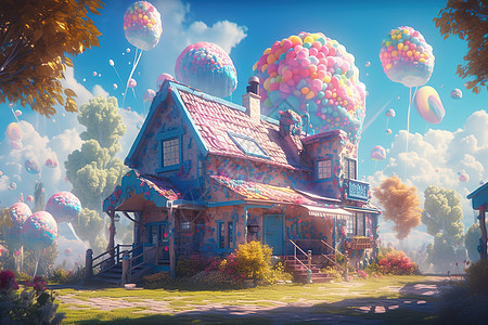 美丽可爱彩色唯美房子与气球图片