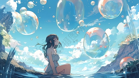 梦幻泡泡与少女背景图片