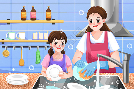 劳动节女孩和母亲学习做家务洗碗插画高清图片