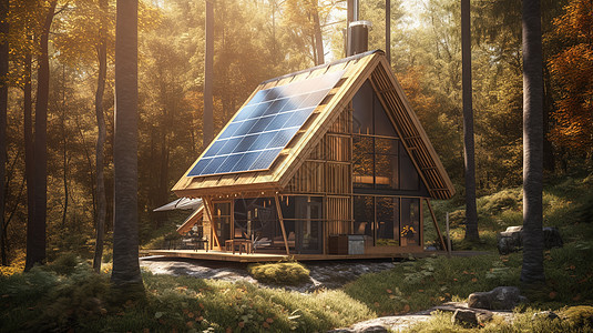 森林中的太阳能小木屋图片