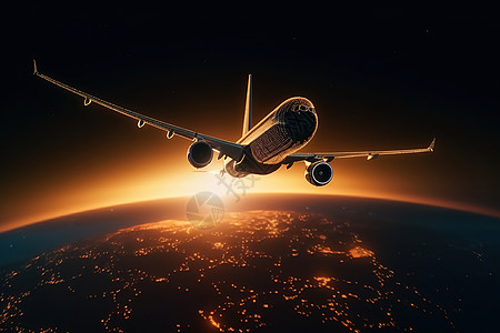 夕阳下行驶的飞机图片