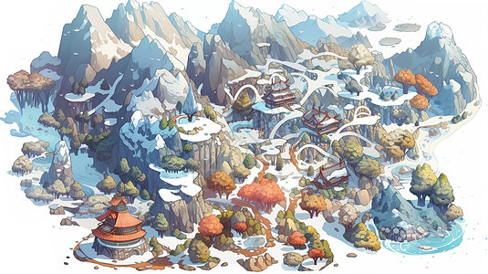 雪山枫叶景色动漫插画图背景图片