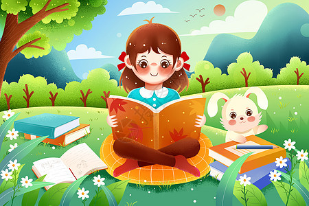 阅读日女孩与小兔子在草地上看书插画图片