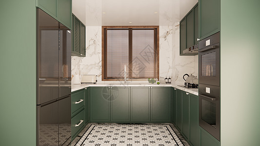 现代绿色系U型厨房高清图片