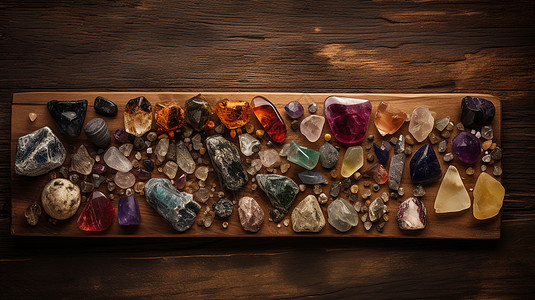 木板上的彩色水晶晶石背景图片