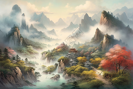 山水风景彩色水墨画背景图片