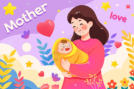 抱着小婴儿的母亲插画高清图片