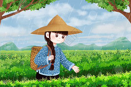 雨天上班雨中田野里的女孩插画