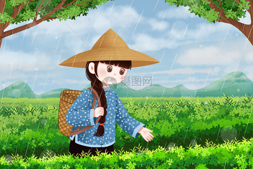 雨中田野里的女孩图片