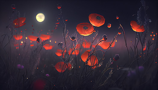 夜晚花卉插画风景图片