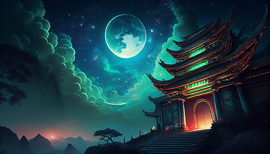 中式风景概念插画图片