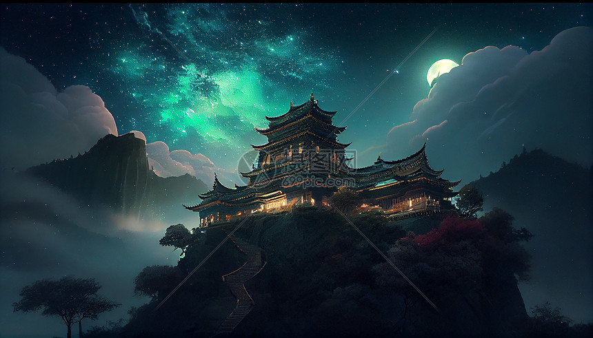 中式风景概念建筑插画图片
