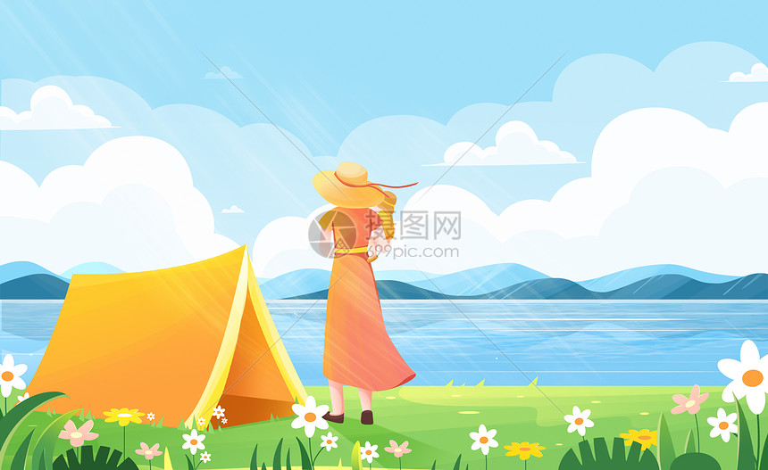 母亲节母子看海清新风景插画图片