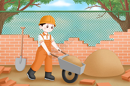 水泥砖墙劳动节在工地劳动的工人插画