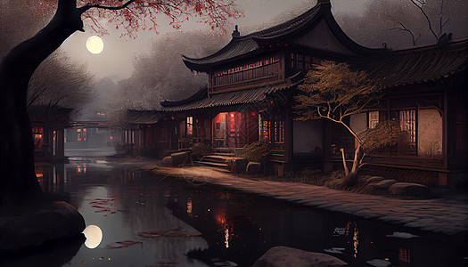 江南夜景手绘中式图片