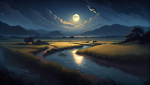 夜景小溪概念插画图片