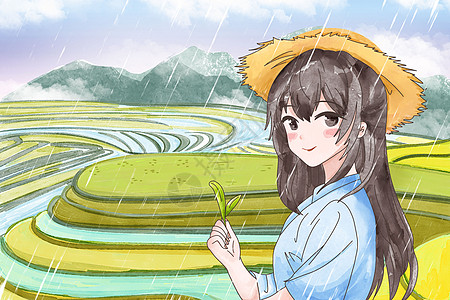 远山谷雨时节雨中手拿秧苗的女孩插画