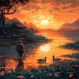 夕阳下湖水中的景色图片