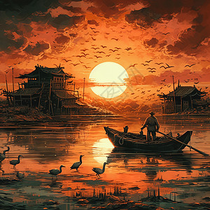 夕阳下湖中的船夫图片