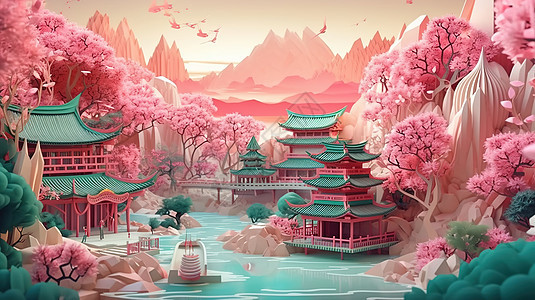 粉色湖边中国古代建筑图片