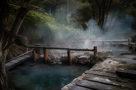 温泉上的木桥图片