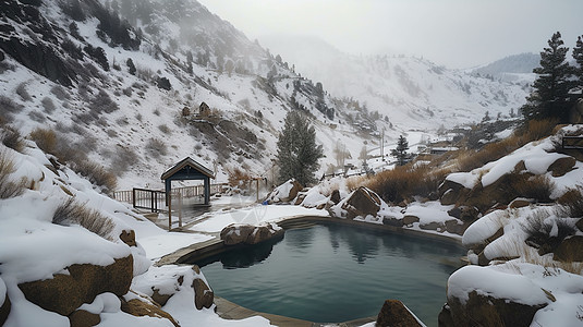 山脉间雪中的乡村温泉图片