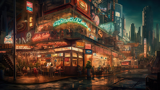 香港夜景图热闹的街道拐角插画