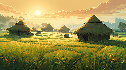 夏天小满节气绿色水稻田野村落场景风景图片