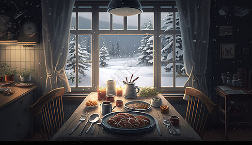 冬天室内冬天冬至节气室内美食餐桌温馨场景插画