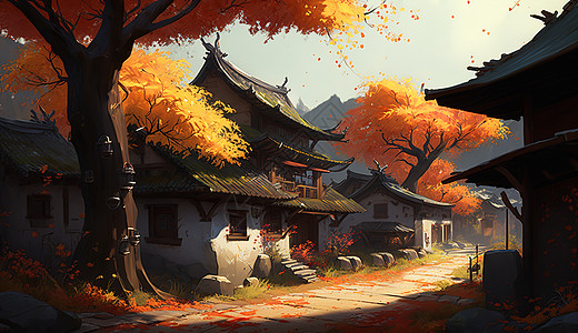 秋天秋分节气中国村落风景场景图片
