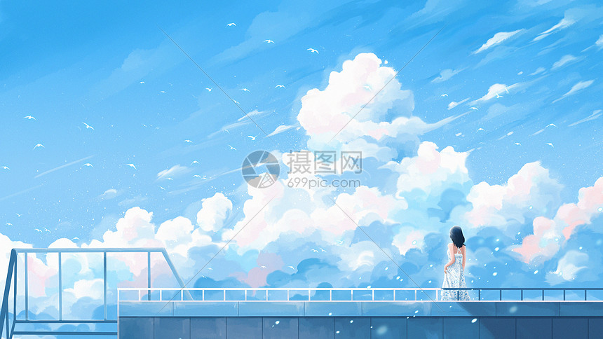 唯美治愈夏日天空少女图片