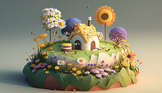 春天蛋糕岛与小房子图片