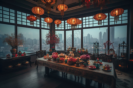 城市中的中式餐厅图片