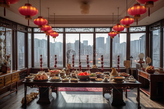 摆满食物的中式餐桌图片