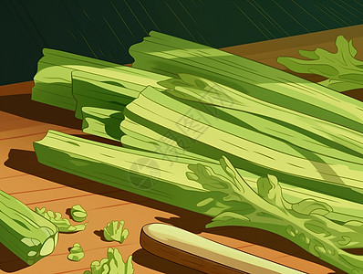 芹菜肉丝手绘案板上粗壮的芹菜图片插画