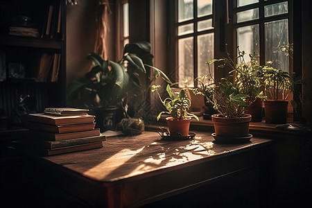 阳光下意式窗边有绿植木桌图片
