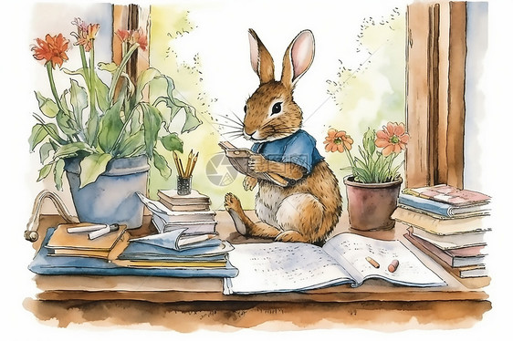 在书桌读书的卡通小兔子图片