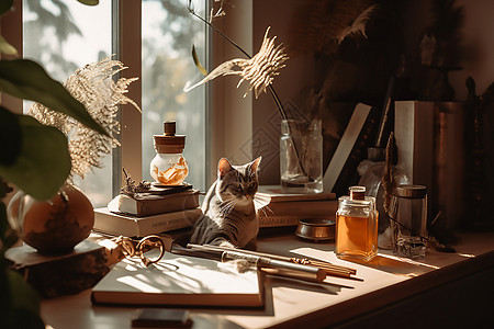 阳光下在书桌上休息的小猫图片