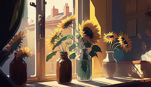 窗台上的向日葵背景图片