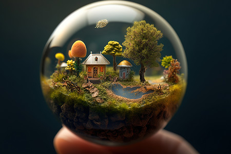 抽象树下小房子水晶球图片